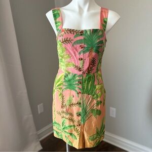 Farm Rio Sunrise Ombre Tropical Toucan Palm Tree Print Linen-Blend Mini Dress XS
